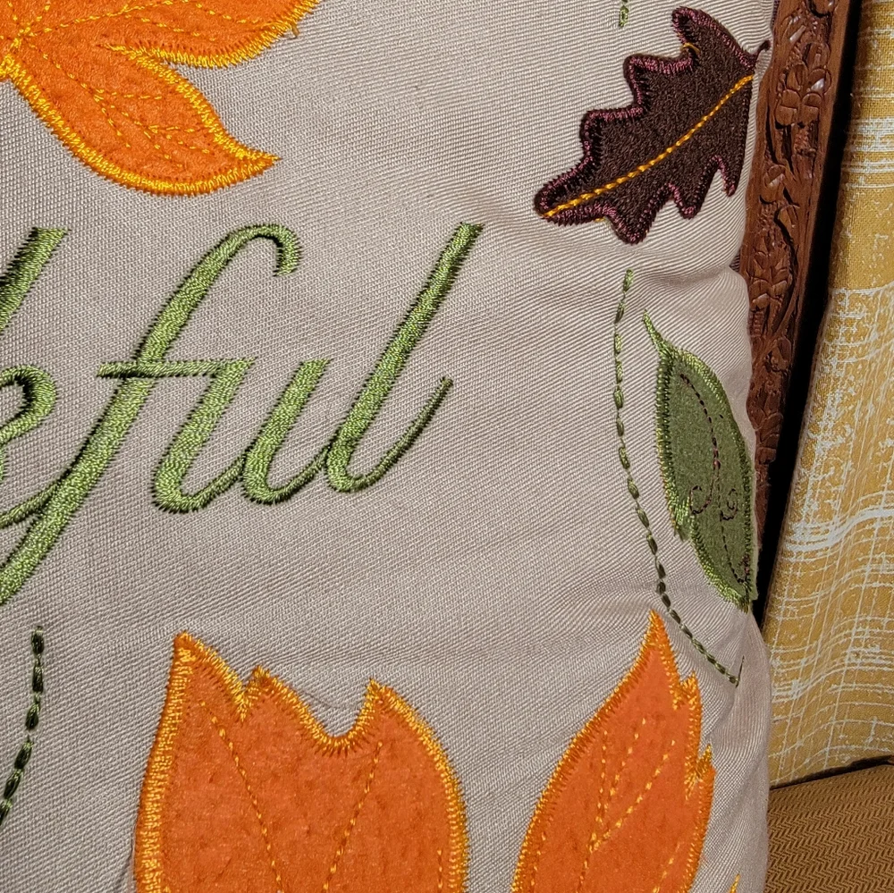 Thankful Felt Appliqué and Embroidered Fall Leaf Pillow